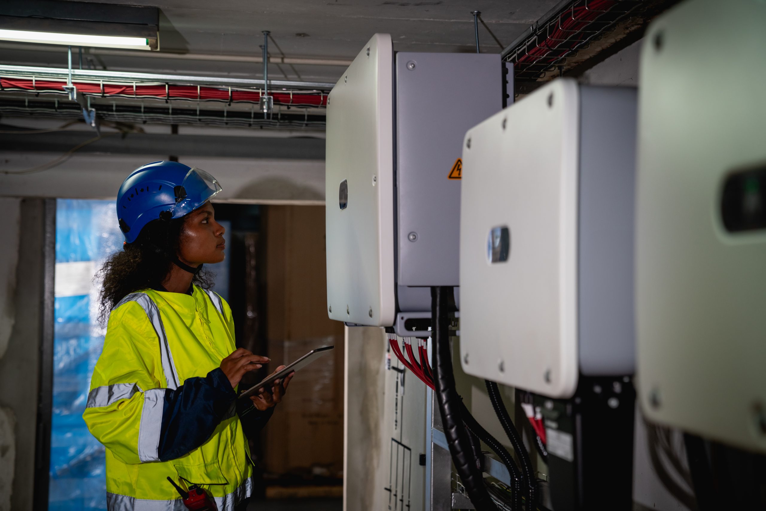 Engineers inspected the electrical switchboard and verified the operational voltage range. Technician setting electrical in inverter solar panel room